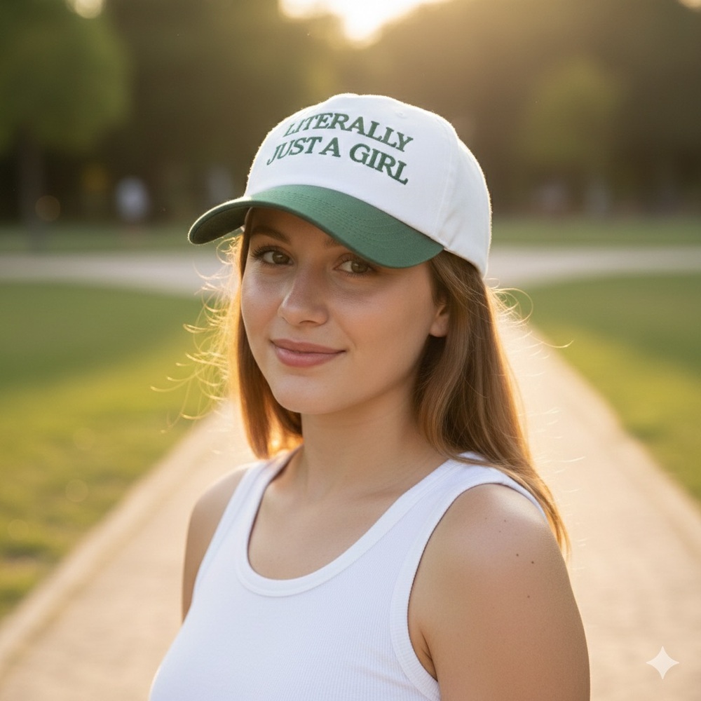 Natural Cotton Canvas Green White Baseball Cap Embroidered Literally Just A Girl